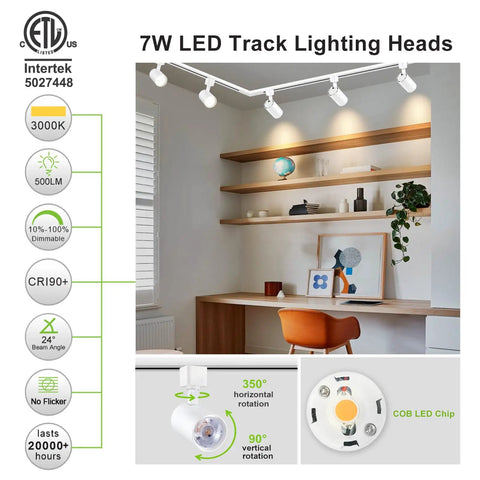 7W LED Track Lighting Heads 3000K Dimmable H Type 3 Wire Ceiling Spotlight Kit 24 Degree Beam ETL Listed CRI90 White 6 Pack