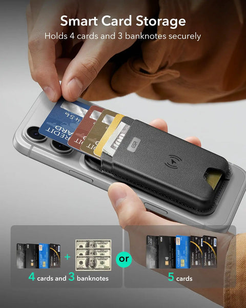 Person inserting cards into black MagSafe Wallet With Full Find My Tracking Real Time Location Sound Alerts Left Behind