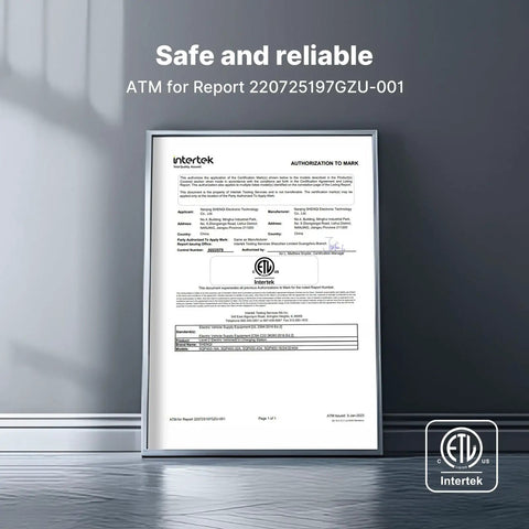 ETL certification document for Level 2 EV Charger 220 240V 30A 7.2kW Home Charging Station With 25ft Cable ETL Certified Plug In NEMA 10 30.