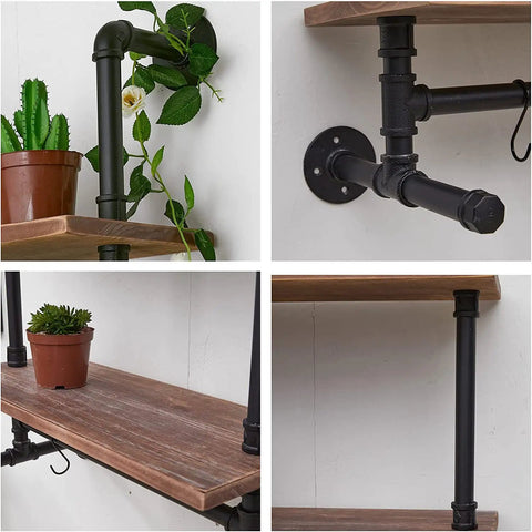 Industrial Pipe Shelves With Towel Bar For Bathroom, Rustic Floating Wall Shelves With Wood Planks, black metal pipes
