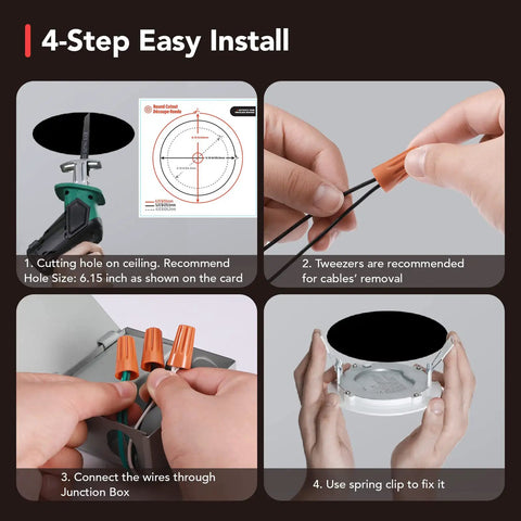 Installation guide for Four Pack Smart 4 Inch Recessed RGBTW LED Downlights With WiFi App Control 9W 750 Lumen Ceiling Mount.