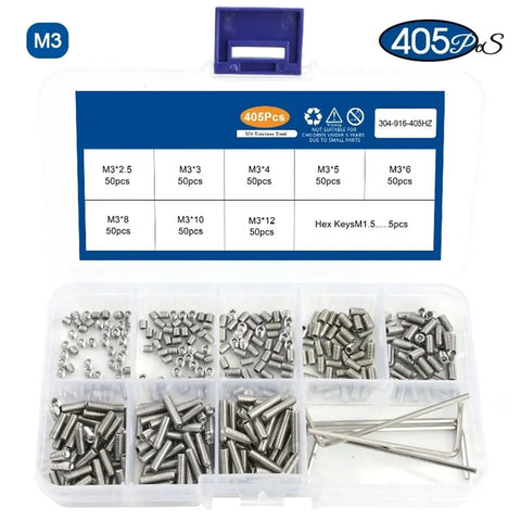 Heavy Duty Stainless Steel Hex Socket Cup Point Headless Set Screws Kit M2 To M10, 304 Grade, 405 M3 pieces in case