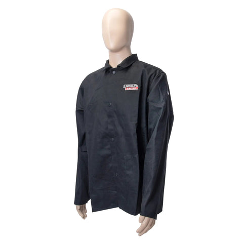 Black Flame-Resistant 9 Oz Cotton Welding Jacket Delivers Breathable Comfort, Large Size, Shields Arms And Torso From Spatter And Heat