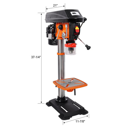 12 Inch Benchtop Drill Press With Laser And Digital Readout Pro Grade Variable Speed 450 To 3150 RPM, side view with measurements