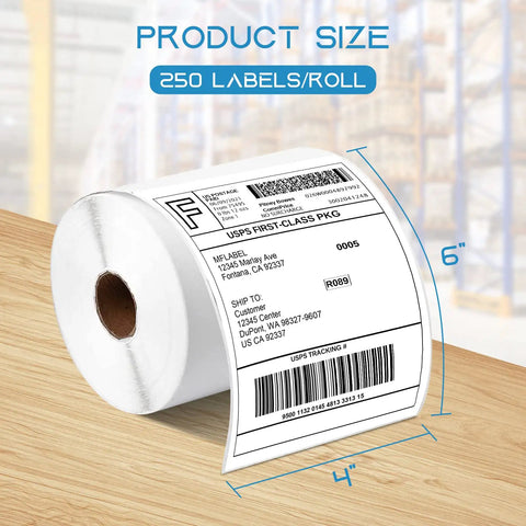 Direct Thermal Shipping Labels Four By Six Inches Two Hundred Fifty Count Perforated Sheets smudge proof coating on roll.