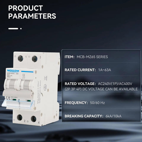Two Pole DC Circuit Breaker 400V 30A C30 Thermal Magnetic Trip, 6kA Breaking Capacity, product parameters displayed