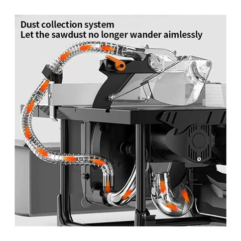 Heavy High Performance Dust Free Sliding Table Saw Workhorse Frame All In One Powerhouse For Smooth Woodworking Cuts 2000W motor with dust collection system.