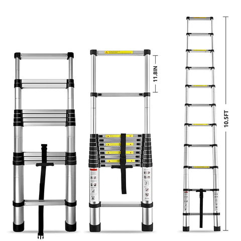 10.5 Ft Telescoping Aluminum Ladder With 330 Lb Capacity, Heavy Duty Extendable Step Ladder, folded and extended view