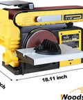 Pro Grade Belt And Disc Sander Combo With 4x36 Inch Belt And 6 Inch Disc, 3/4 HP Motor, yellow sander with tiltable table