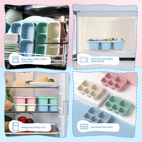 Four Pack 5 Compartment Wheat Straw Lunch Box Set For Adults And Kids Reusable BPA Free Stackable Meal Prep Containers For Work School And Travel Colorful Green Blue Pink Beige in various settings including dishwasher, microwave, fridge, and kitchen counter.