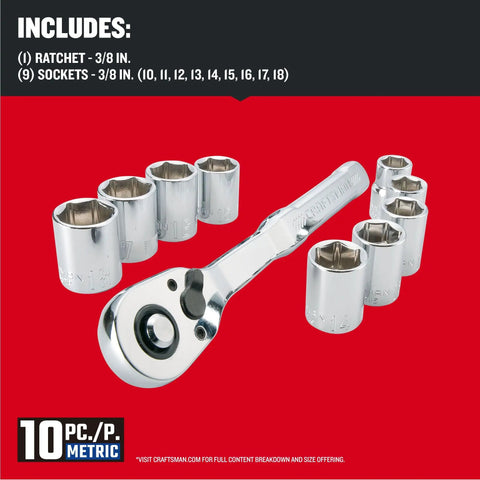 Pro Mechanics Tool Set Featuring A Badass Low Profile Ratchet With 72 Teeth And 6 Point Chrome Sockets Built For Crushing Tough Jobs In Tight Spaces Pumping Massive Torque Backed By A Lifetime Warranty Metric Drive Pieces including a 3/8 inch ratchet and nine chrome sockets.