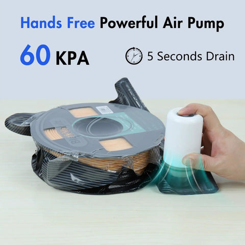 Hands-free air pump in action with 3D filament spool and reusable vacuum storage bags for 3D Filament Top Tier Kit.