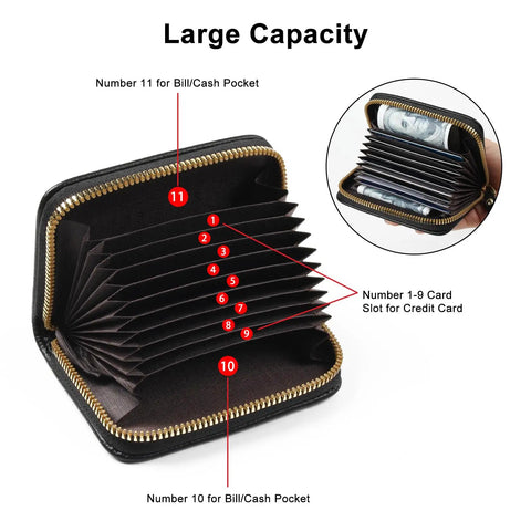 RFID Blocking Credit Card Holder Wallet, Slim Leather Card Case With Zippered Accordion Design, 9 card slots visible open