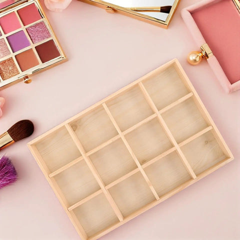 Solid Wood Jewelry Storage Tray With Twelve Grids For Rings And Bracelets Drawer Organizer keeps your daily bling neat on a pink background.