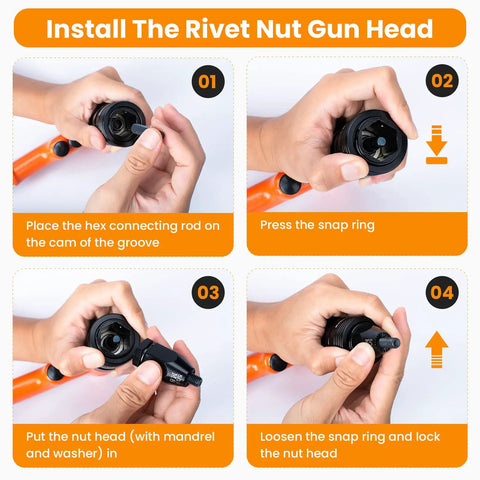Pro Grade Pneumatic Rivet Nut Tool Kit With Quick Change Gun Head assembly instructions, showing hand steps for snap ring.