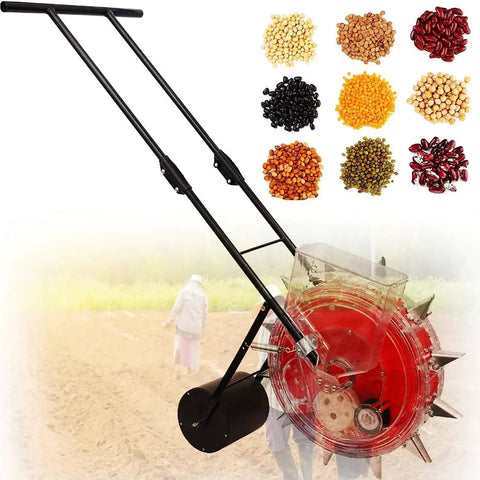 Manual Seed Spreader Handheld Seeder And Fertilizer Applicator with transparent seed box and push handle for row planting