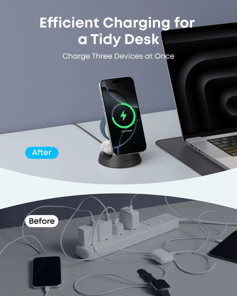 Before and after using MagSafe 15W Wireless Charger Dock For iPhone 17 16 15 14, Apple Watch And AirPods, 3-In-1 MagGo Nano Charging Stand