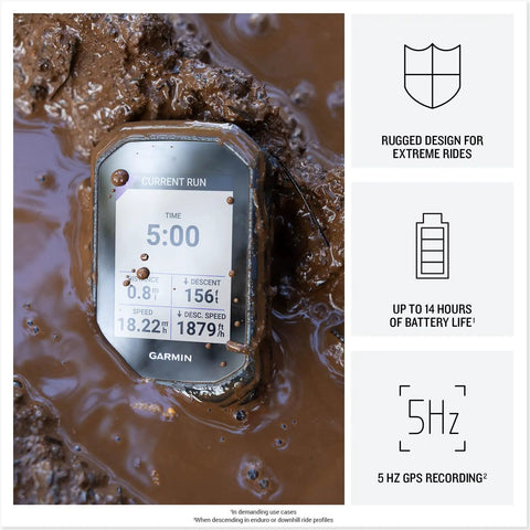 Rugged Mountain Bike GPS Computer With Preloaded Full Color Trail Maps And Advanced Performance Tracking submerged in mud