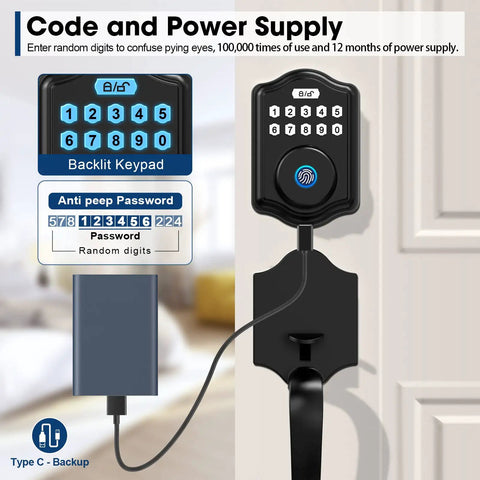 Front view of Fingerprint Front Door Lock With Deadbolt, Keyless Entry System Featuring Code, Fingerprint And Key Access, IP65 Weatherproof Alloy Digital Door Lock, showing backlit keypad and charging cable.