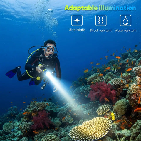 Diver using 2 Pack IPX8 Waterproof Diving Flashlight Rechargeable Scuba Light With 3 Modes over coral reef underwater