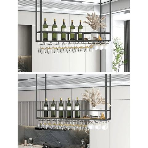 Built Tough Ceiling Wine Rack Suspension With Iron Square Tube Bracket For Wine Glasses Bottles And Storage Black Wall Mount Shelf Hangable Organizer For Garage Or Kitchen 100 By 30 By 80 Cm, displaying wine bottles and glasses