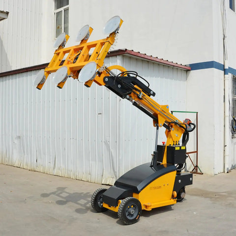Built Tough Electric Vacuum Suction Lifter Cart With Rock Solid Support Legs For Easy Glass Assembly And Smooth Steel Plate Handling On Busy Construction Sites in action with 360-degree swivel heads.
