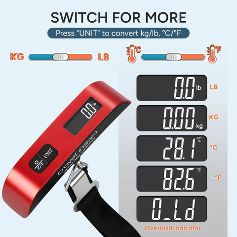 Portable Digital Luggage Scale For Travelers Keep Suitcases Baggage Fee Free And Make Boarding A Breeze Every Time A Solid Ace In The Bag For Airport Weight Checks With One Hundred Ten Pound Max Capacity And Slim Profile showing red design with LCD display and conversion buttons.