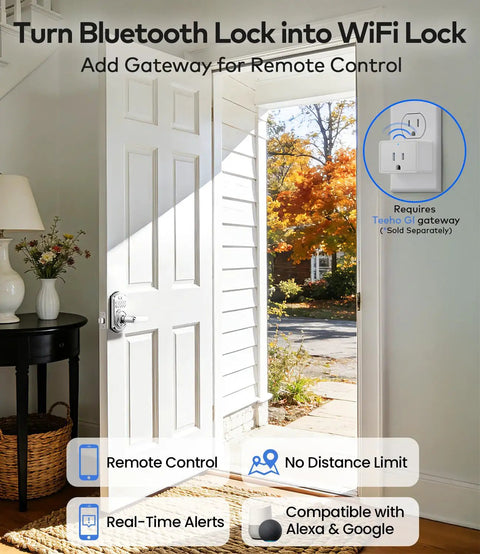 Knockout Smart Keypad Door Lock With Handle For Front Door Entry Boasting A Slick Satin Nickel Finish And Total Game Changing App Control Plus One Hundred Custom Passcodes For Easy Peasy Keyless Access And Full Alexa Google Compatibility on open door.