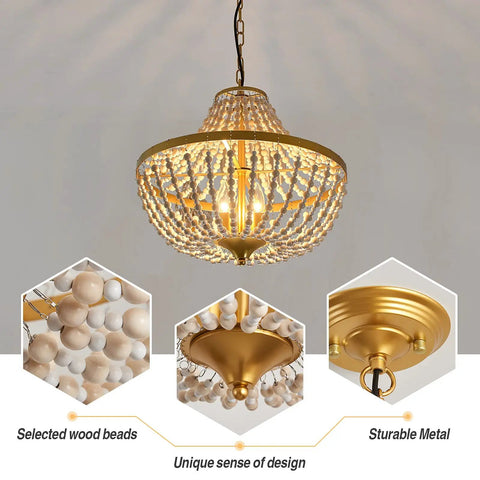 Three Light Boho Wood Beaded Gold Chandelier for Rustic Farmhouse Style Pendant Light Fixture with Cozy Vibe and Warm Glow display.