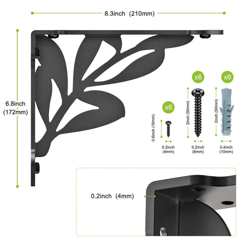 Dang Strong Eight Inch Heavy Duty Shelf Brackets Built Like A Tank Rustic Industrial Wall Mount Brackets With 300 Pound Weight Capacity Double Pack Set side view with dimensions and screws.