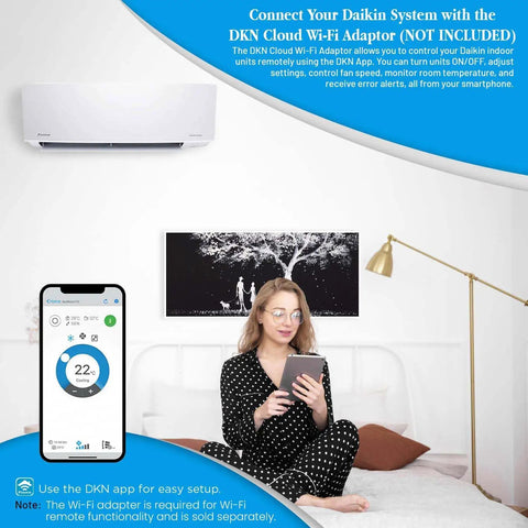 18000 BTU Ductless Heat Pump Mini Split Air Conditioner With R32 Refrigerant in a bedroom with a woman using a smartphone to control settings.