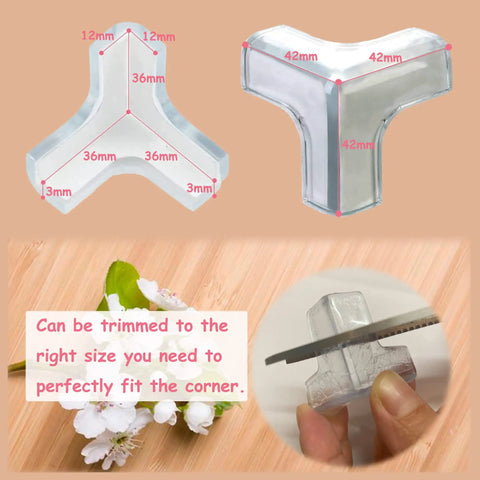 12 Pack Large Silicone Table Corner Protectors For Baby Proofing, T Shaped Edge Guards With Strong Adhesive, Clear Transparent, dimensions shown