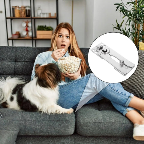 Woman on a couch surprised while eating popcorn, with Rock Solid Sectional Couch Connectors Eight Piece Galvanized Iron Sofa Brackets visible.