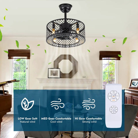 Dope Caged Ceiling Fan With Lights Remote Control, Industrial Enclosed Blades, Reversible Motor, 18 Inch Black Fixture