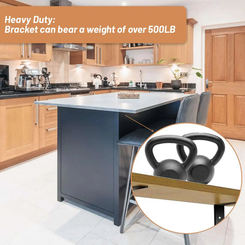 Super Heavy Duty Countertop Brackets Four Pack Built Like A Brick Delivering Rock Solid Support For Granite Quartz Wood And Laminate Counters Knock Out Sagging Completely Today, showcasing a kitchen with 500LB weight capacity.