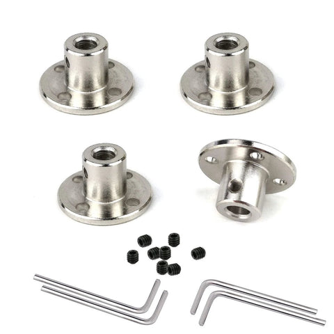 Set of four 5mm rigid flange shaft couplings with mounting flanges; includes screws and Allen wrenches.