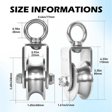Size information for 1 Pack 68mm U Groove Cable Pulley Wheel Built With Premium 304 Stainless Steel and Dual Bearing Swivel Action.