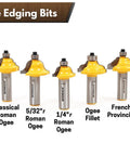 Profile edging bits from the Seventy Piece Router Bit Set With Half Inch Shank Pro Grade Tungsten Carbide Woodworking Bits.