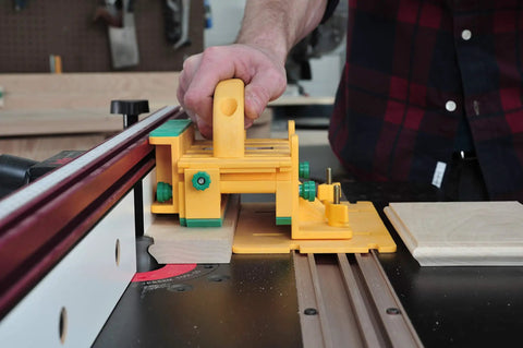 Carpenter using Grr-Rip Block 3D Pushblock System For Table Saws, Smart Pushblock With Gravity Heel, full safety kit in action