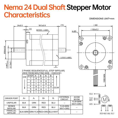 NEMA 24 dual-shaft stepper motor technical drawing with front and side views, showing mounting holes and dimensions.