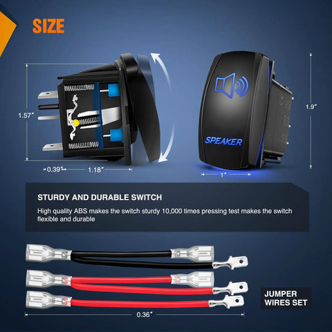 Lit Blue LED 5 Pin Rocker Switch SPST On Off With Jumper Wires Set, dimensions and wiring details visible