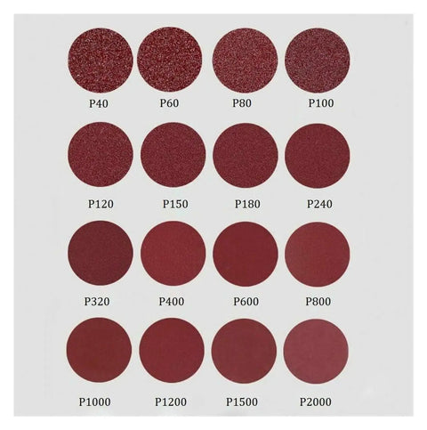 Get These Premium Hook Loop Sanding Discs For A Smooth Finish With 25 Pieces In Various Sizes And Grits From Coarse To Fine Polishing Abrasive Sheets Perfect For Metal Work, Wood Projects, Or Surface Prep Jobs That Need Real Dirt Done Right - Display of sanding disc grits P40 to P2000, in a red color pattern.