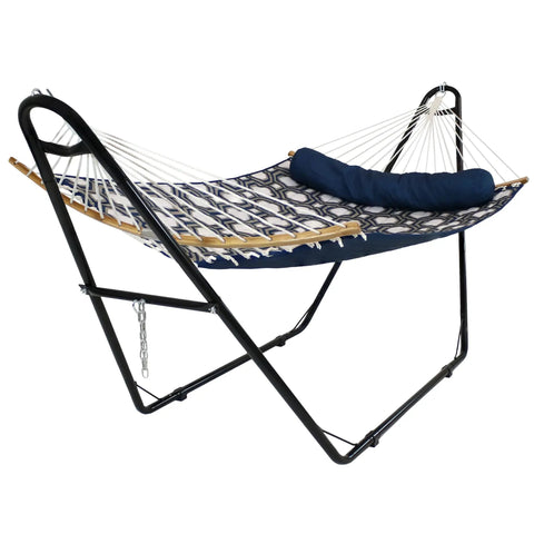 Universal Outdoor Hammock Stand Heavy Duty 550 Pound Capacity With Adjustable Length Fits 9 To 14 Foot Hammocks Including Mayan Brazilian Camping And Spreader Bar Styles Black Chains And Hardware Included in use with blue hammock