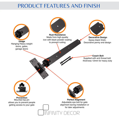 Beefy Black Heavy Duty Adjustable Hook And Band Hinges For Field And Garden Gates Supplied In Pairs With All Fixings Fits 24 Inch Gates Tough Steel Build Easy Install Long Lasting Performance, featuring decorative design and rust resistance