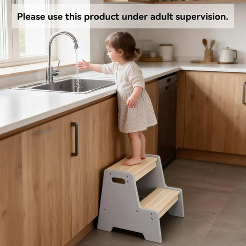 Rock Solid Wood Two Tier Step Stool For Kids Built Tough With Slip Secure Bottom Pads For Bathroom Sink And Kitchen Counter Toddler Ladder Kid Tested And Approved For Daily Use, child reaching sink.