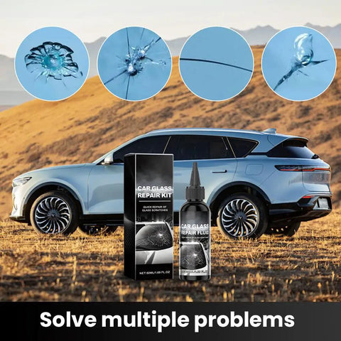 Ultimate Windshield Crack Repair Kit For Cars DIY Glass Chip Fix Featuring 2026 Upgrade Repair Fluid For Minor Cracks And Chips Quick Fix Windshield And Glass Repair Tools Set 1 Pack shown next to a car with images of windshield chips and cracks.