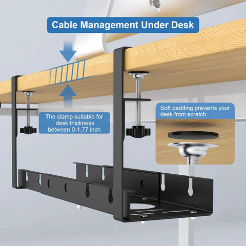 Under Desk Cable Management Tray With Retractable Cord Organizer, No-Drill Metal Cable Basket With Clamp, desk installation view