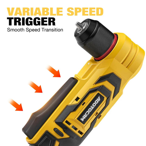 Brushless Right Angle Drill With Bright Led Work Light And Variable Speed Control Compatible With Dewalt 20v Max Batteries, featuring variable speed trigger.