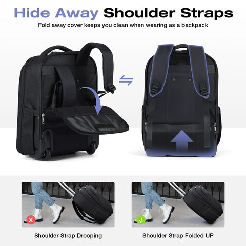 Black durable rolling backpack carry-on with hideaway shoulder straps and foldable cover for travel convenience.