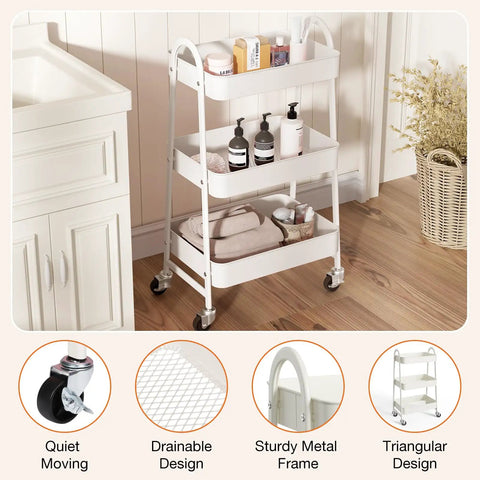 3-Tier Rolling Utility Cart With Locking Wheels For Small Spaces, Slim Metal Mobile Storage Organizer Shelf Space Saver